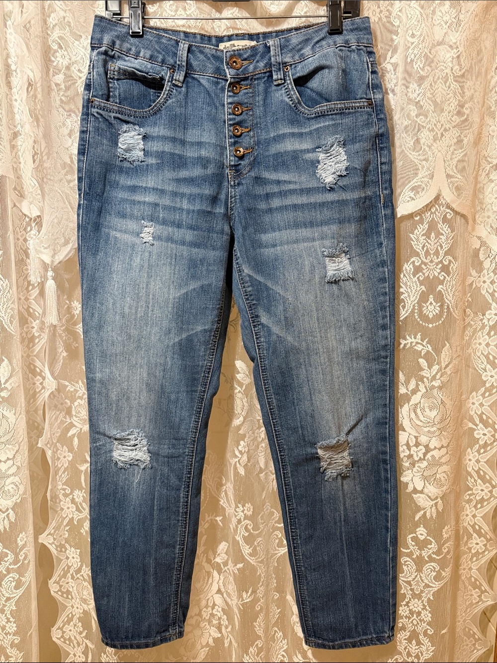 Dollhouse Distressed Mid-Rise Button-Fly Blue Boyfriend Jeans